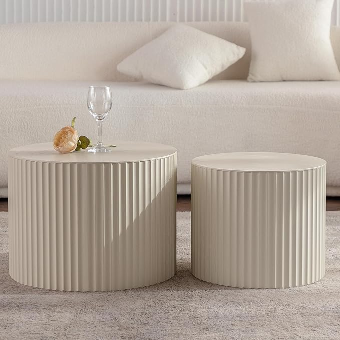 KEVINSPACE Nesting Coffee Table Set of 2 Circle CoffeeTable Modern NestingTables for Living Room Round Fluted Wooden CoffeeTabl No Need Assembly for Bedroom Balcony Lounge 33.86" Beige