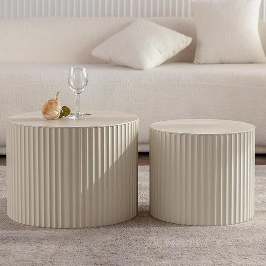 KEVINSPACE Nesting Coffee Table Set of 2 Circle CoffeeTable Modern NestingTables for Living Room Round Fluted Wooden CoffeeTabl No Need Assembly for Bedroom Balcony Lounge 33.86" Beige