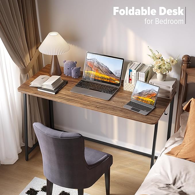 WOHOMO Folding Desk, 47.2" Foldable Computer Desk for Bedroom, Space Saving Computer Table Writing Workstation for Home Office, Easy Assembly, Walnut