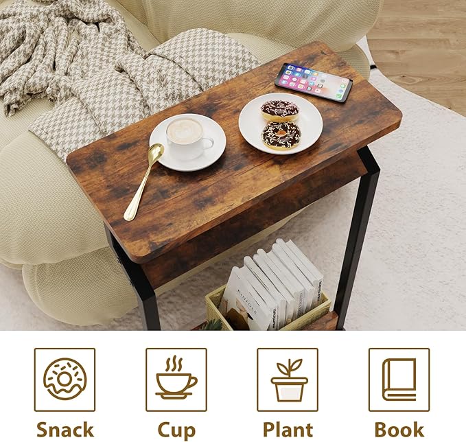 Narrow Side Table for Small Spaces, 2-Tier Farmhouse Small End Table, Slim TV Tray Couch Table Skinny Sofa Tray Tables Thin End Tables for Living Room Bedroom, Rustic Brown