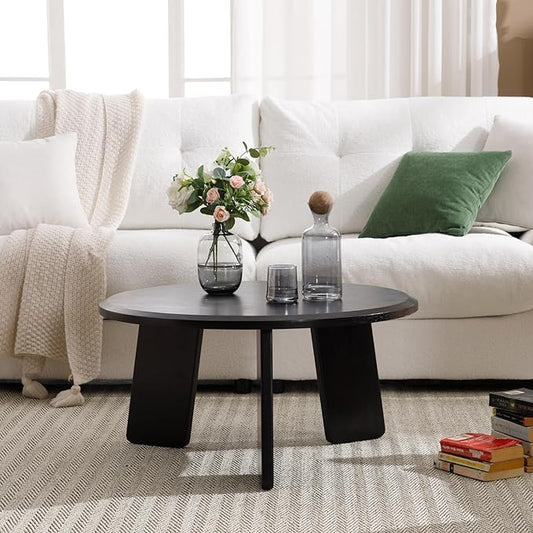 32" Round Coffee Table, Large Solid Wood French Country Accent Table, Farmhouse Side Table for Family/Office/Living Room/Sofa Couch End/Bedroom, Black