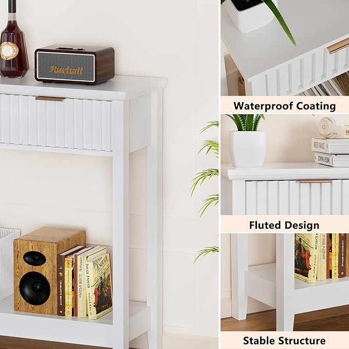 39 inch Entryway Table with Storage, Narrow Console Table with 2 Drawers, Modern Sofa Table with Open Storage Shelf for Living Room, Foyer Hallway, White