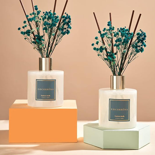 Cocorrína Premium Reed Diffuser Set with Preserved Baby's Breath & Cotton Stick Cashmere Vanilla 2 Packs, 6.7oz Scent Fragrance Oil Diffuser for Bedroom Bathroom Home Décor
