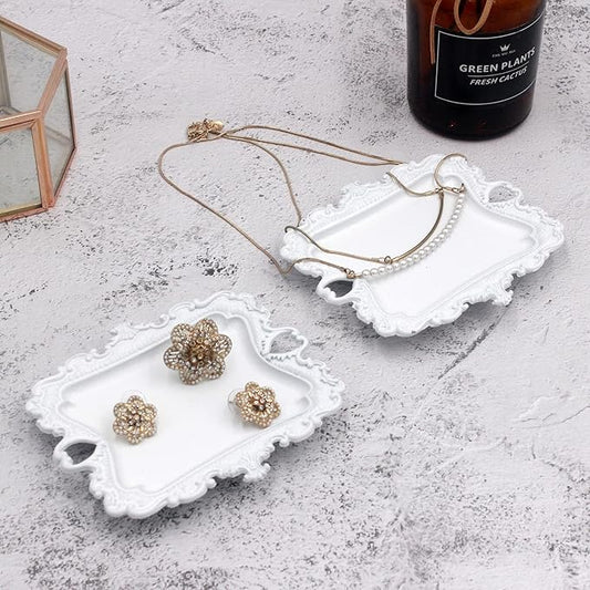(2 PACK) Vintage Small White Ring Dish, Birthday & Wedding Gifts for Women,Wedding Ring Tray - White