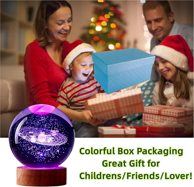 Solar System Crystal Ball Lamp with LED Wooden Base, 16 Colors Change & Remote Control Galaxy Crystal Ball Night Light, Upgraded 3.15 Inch Glass Light, Planet Gift for Kids Wife (Solar System)