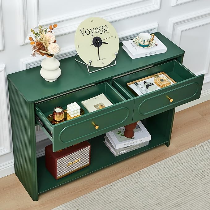 Fluted Console Table with Drawers, Mid-Century Narrow Entryway Table with Open Storage Shelves, Hallway Accent Tables Behind Couch Tables for Living Room (Green)