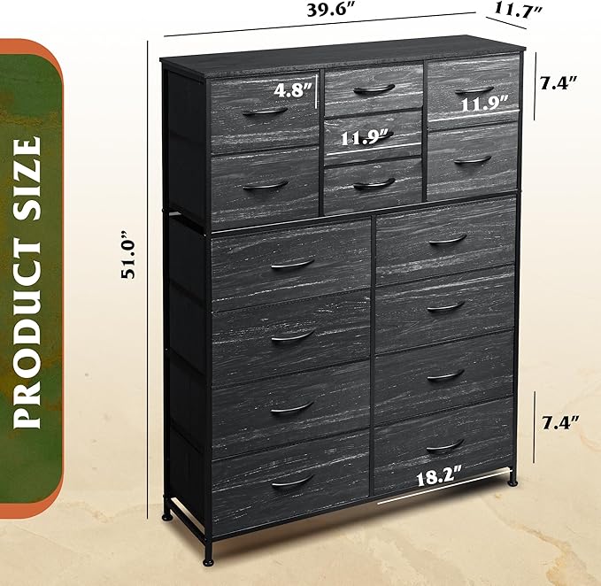 Tall Console Table with 15 Fabric Drawers, Entryway Table with Storage, Tall Storage Organizer with Wood Top, Steel Frame for Living Room, Hallway, Office, Charcoal Black Wood Grain Print