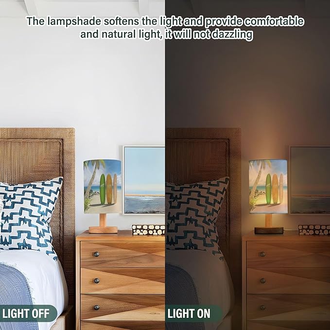 Table Lamp Surfboard Palm Tree Tropical Ocean Beach Nightstand Lamp with Wood Base Fabric Lamp Shade Bedside Desk Lamp for Living Room Bedroom Kids Room Office