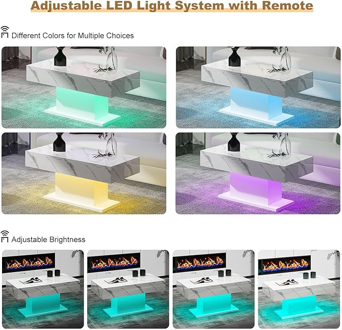 Led Coffee Table for Living Room, Living Room Table Rectangular Center Table, Modern High Glossy Wooden Coffee Tables with 16 Colors LED Lights for Dining Reception Room, White Marble