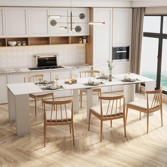 DMAITH 20"-118" White Extendable Dining Table for 2-12 People, Modern Modular Extension Table, Space-Saving Extra Long Folding Dining Table, Multifunctional Conference Meeting Table