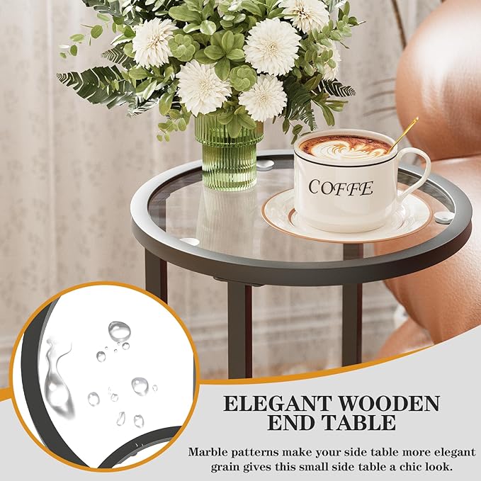 Round Side Table,Glass C Table,Couch End Table, Tempered Glass Snack Table with Metal Frame, Sofa Couch Bedside Table,TV Tray Table for Small Space(Black)