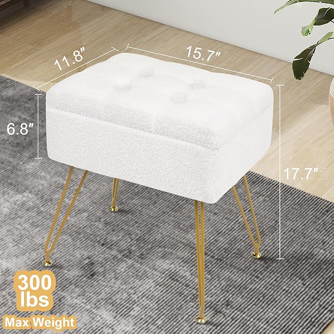 Vanity Chair with Storage, 15.7" L x 11.8" W x 17.7" H Teddy Velvet Vanity Stool with Coffee Table and Metal Legs, Multifunctional Makeup Stool for Vanity, Bedroom, and Living Room, White