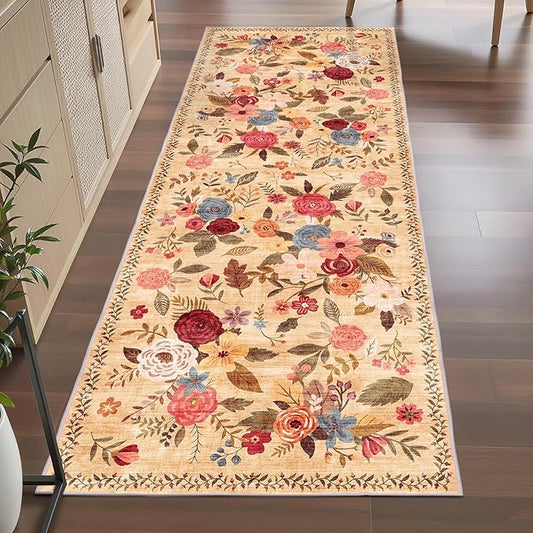 Rug for Hallways Kitchen Rug 2x6, Non Slip Washable Rugs with Rubber Backing Soft Floral Carpet Runner for Hallways, Kitchen, Laundry, Bedroom, Bathroom (2 x 6, Yellow Lawn)
