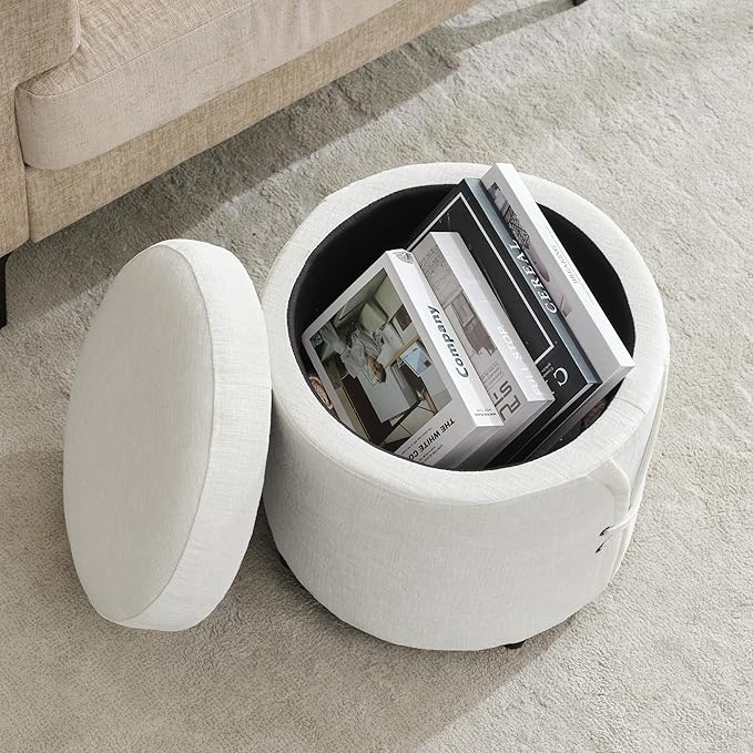 16.5 inch Tufted Small Round Storage Ottoman, Modern Upholstered Ottoman with Soft Padded Seat, Chic Round Vanity Foot Stool with Removable Lid,White