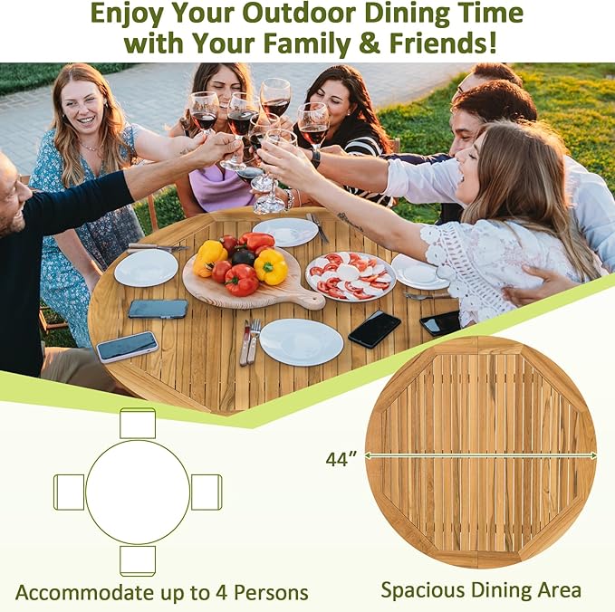 Tangkula Round Outdoor Dining Table, Acacia Wood 4-Person Large Dining Table, Farmhouse Patio Indoor Bistro Table, for Yard Deck Lawn Dining Room