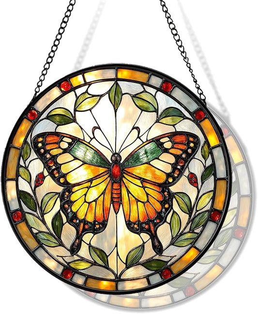 Butterfly Stained Glass Sun Catcher for Window Hanging, Yellow Butterfly Suncatcher for Indoor Window Decoration, Stained Glass Panel Home Decor for Women, Mom (Yellow, 9'')