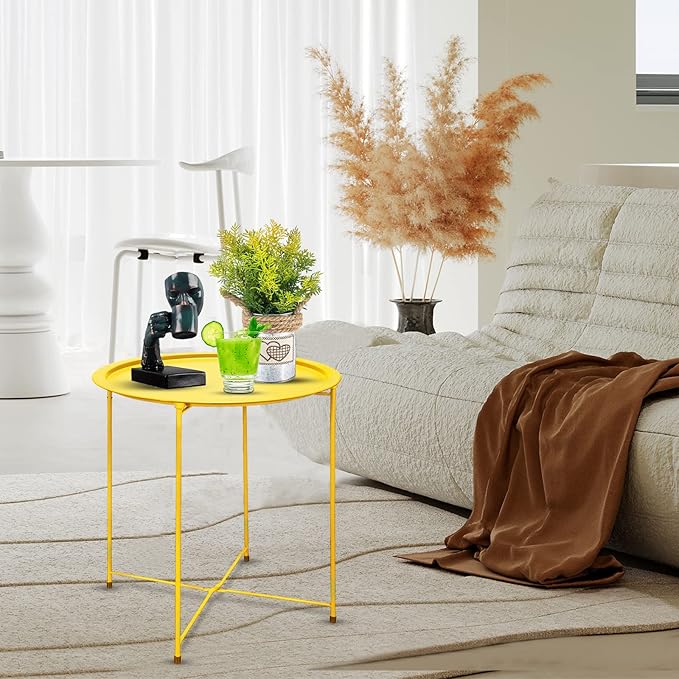 VILAWLENCE Metal End Table Side Table Round Folding Tray, Sofa Grey Small Accent Fold-able Side Table Tray,Outdoor Side Sofa Table, Snack Table for Living Room and Bed Room 18.5 in (Yellow)