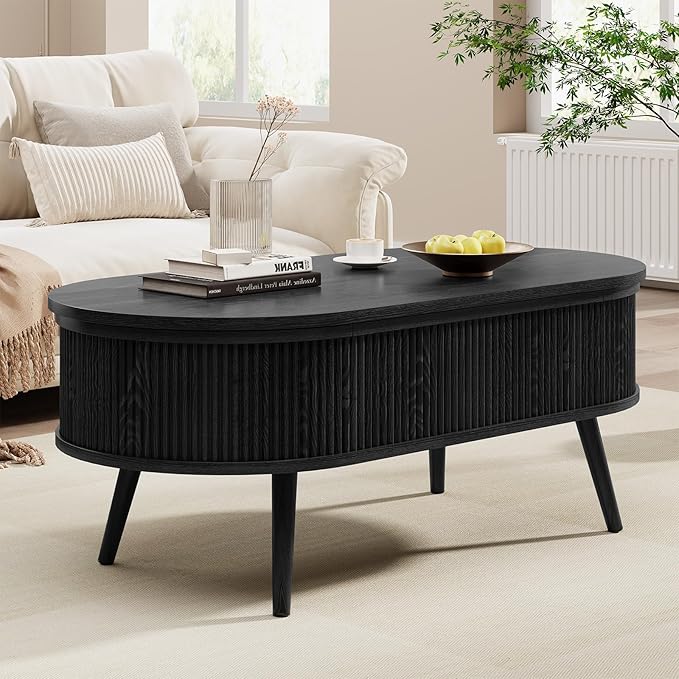 Mid Century Oval Coffee Table, Fluted Center Table with Lift Top, Modern Dining Table with Storage for Living Room Home Office, 39.4", Black