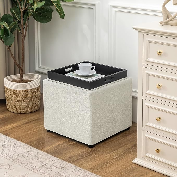 Adeco 17" White Square Storage Ottoman with Tray, Modern Cube Ottoman Coffee Table for Dorm, Bedroom (White with Tray)