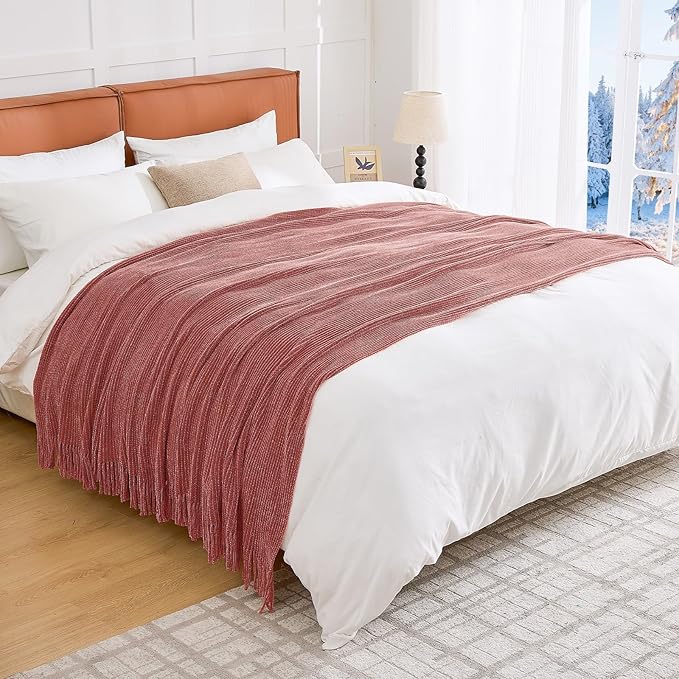 inhand Coral Pink Throw Blanket for Couch Bed,Chunky Chenille Woven Soft Warm Christmas Blankets Gifts for Women with Tassels, Cozy Boho Farmhouse Fall Winter Decor,60"x80",Medium Thick