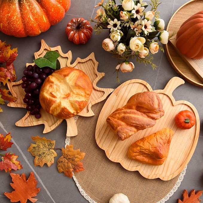 FOBSME 2 Pcs Thanksgiving Wooden Serving Platters Pumpkin and Maple Leaf Charcuterie Boards Fall Wood Serving Trays Decorative Wood Snack Dish Plates for Autumn Harvest Holiday Housewarming Presents