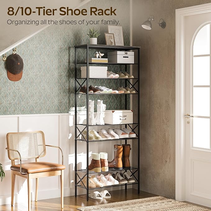 10 Tier Shoe Rack, Large Capacity Shoe Storage Organizer Holds 40 Pairs, Sturdy and Stable, for Entryway, Hallway, Closet, Dorm Room, Charcoal SS10BCG1