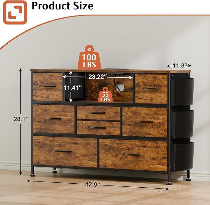 Dresser for Bedroom with 8 Drawers, Dresser TV Stand with LED Lights, Fabric Chest of Drawers with Side Pocket for Living Room, Entryway, Bedroom Furniture (Rustic Brown)