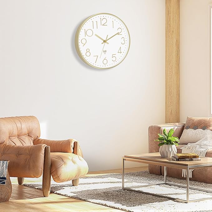 Foxtop Atomic Wall Clock Battery Operated Round Analog Modern Wall Clock Sets Automatically for Office Classroom Bedroom Kitchen Living Room (Gold)
