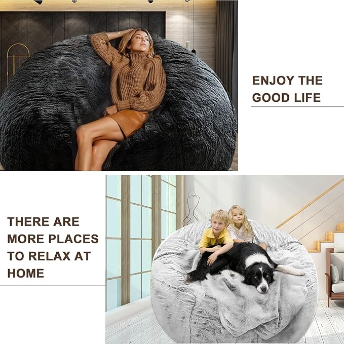 (No Filler Bean Bag Chair Cover Without Filler,Big Round Soft Fluffy PV Velvet Washable Bean Bag Lazy Sofa Bed Cover for Adults,Living Room Bedroom Furniture Outside,6ft Black