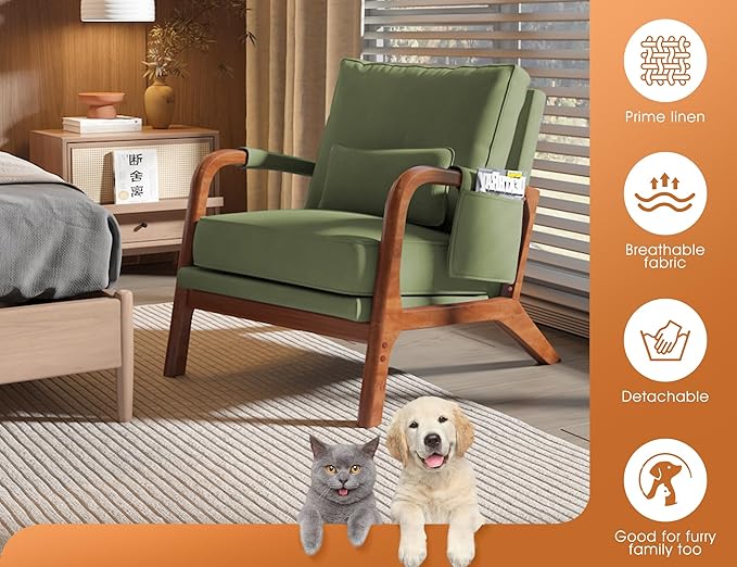 Mid Century Modern Chair Set of 2, Upholstered Lounge Arm Chair with Solid Wood Frame, Comfy Accent Chair for Living Room, Bedroom, Reading, Reception,Green