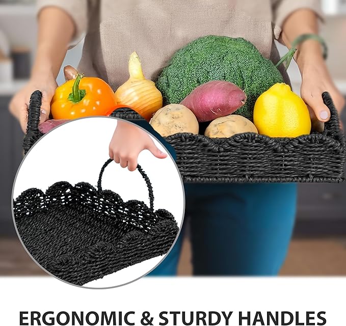 14" Handmade Wicker Tray with Scalloped Edge, Seagrass Basket with Handles, Decorative Boho Accent for Coffee Table or Ottoman, Holiday Serving