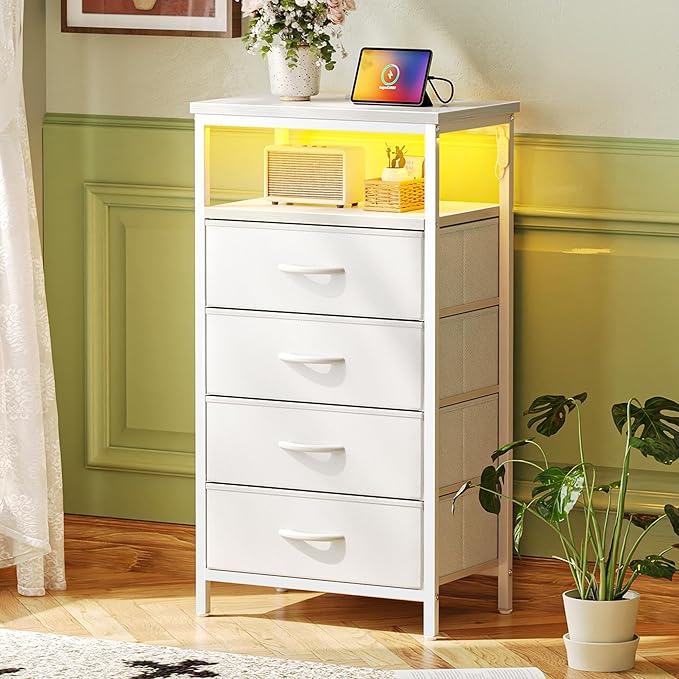 Huuger Night Stand with Charger Station and LED Lights, 4 Drawer Nightstand, Bed Side Table with Open Shelf, End Table, Fabric Dresser for Bedroom, PU Leather, White