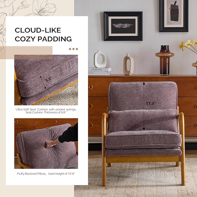 VINGLI Chenille Mid-Century Modern Accent Chair Set of 2, Cute Reading Arm Chair with Cushion & Lumbar Pillow & Solid Wood Frame for Lounge, Living Room, Reading Room, Bedroom, Light Purple