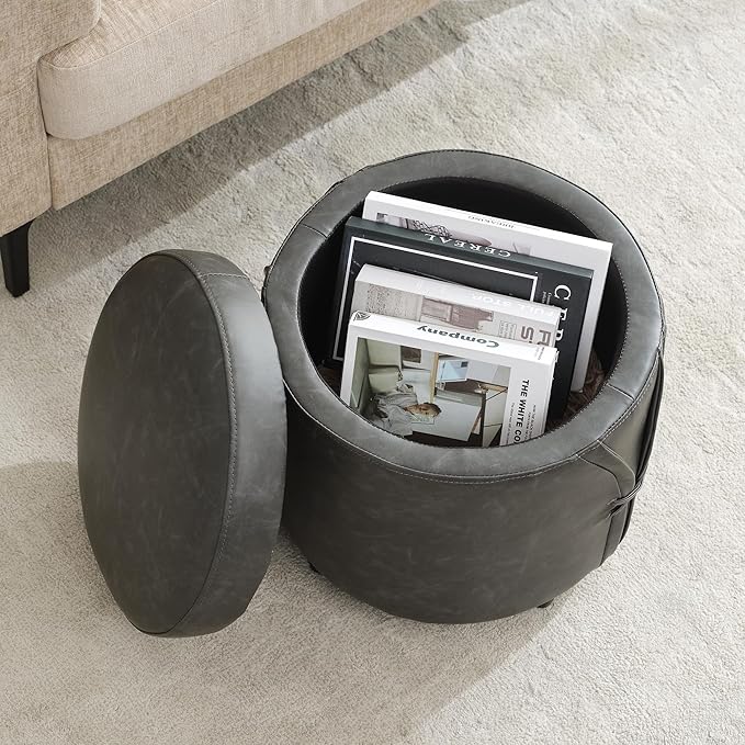 16.5 inch PU Leather Small Round Storage Ottoman, Modern Upholstered Ottoman with Soft Padded Seat, Chic Round Vanity Foot Stool with Removable Lid,Grey