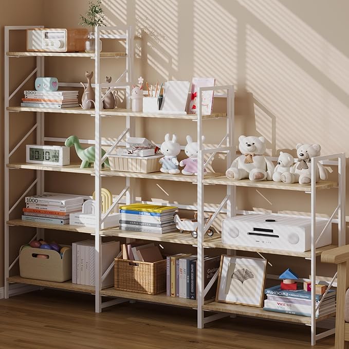 JSB No Assembly Folding Bookshelf, 5 Tier Industrial Metal Book Shelf for Storage, Vintage Wood Foldable Bookcase for Living Room, Bedroom, Office Organization Shelves