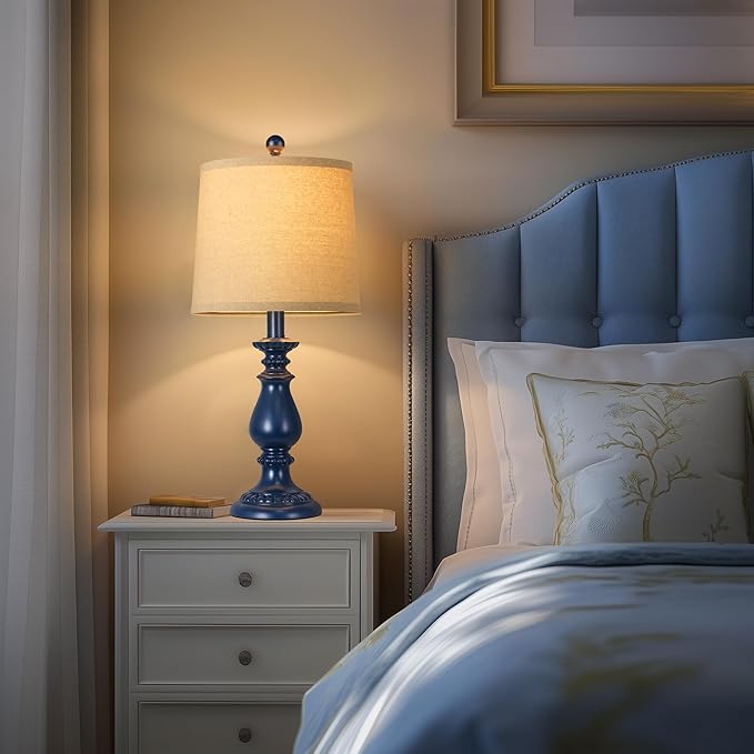 QiMH Farmhouse Table Lamp Set of 2, Rustic Table Lamps for Living Room, Vintage Nightstand Lamp with Rotary Switch, Beside Lamps for Bedroom, Traditional Table Lamps with Linen Shade, Blue