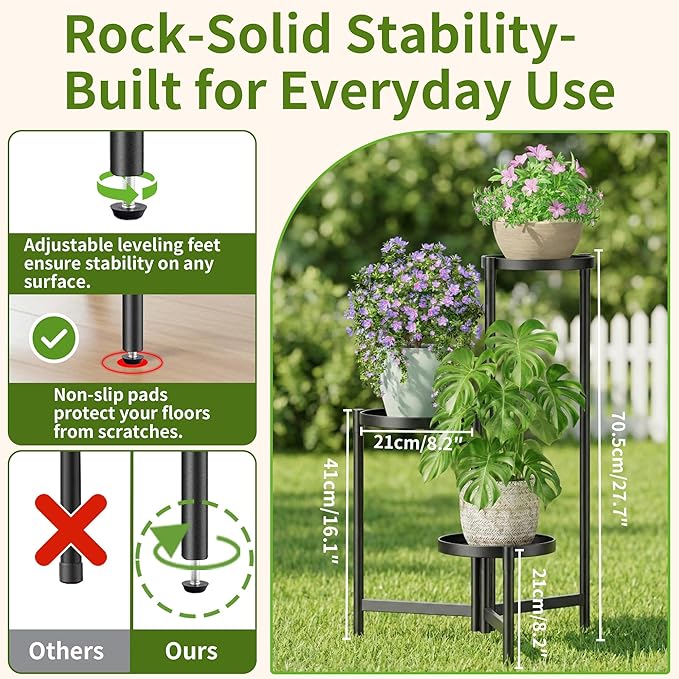 3 Tier Large Plant Stand Indoor with 10 Inch Wide Tray, Tiered Corner Metal Outdoor Flower Holder Stand, Folding Tall Rack for Display Shelf for Patio Porch Balcony - BlackDisk