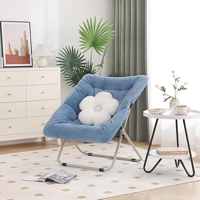 Saucer Chair, Comfy Bedroom Chairs, Oversized Folding Faux Fur Chair, Foldable Metal Frame Chair for Bedroom, Living Room, Balcony, Patio (Blue)