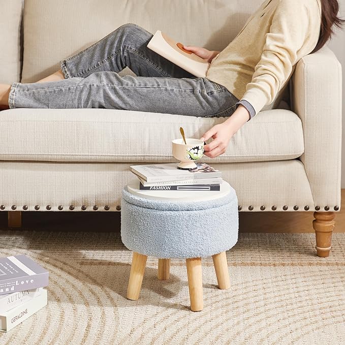 IBUYKE 13 Inch Foot Stool Ottoman with Storage, Round Small Foot Rest with Padded Seat and Wood Legs, Teddy Velvet Mini Footstool for Living Room Couch Bedroom Entryway, Gray-Blue WBD006H