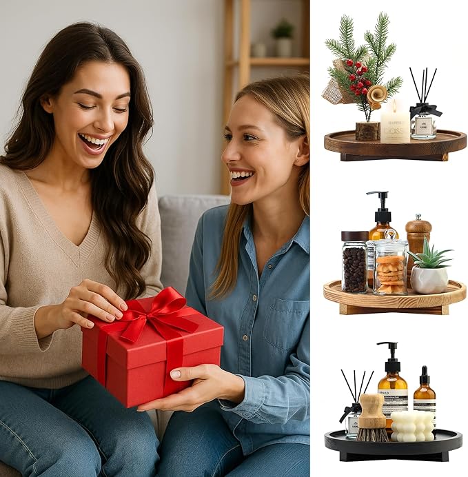 Decorative Round Wood Tray for Bathroom Counter Kitchen Decor Trays Wooden Riser Small Coffee Dining Table Tray Vanity Bathroom Sink Accessories for Soap Perfume Trays Countertop Candle Pedestal Stand