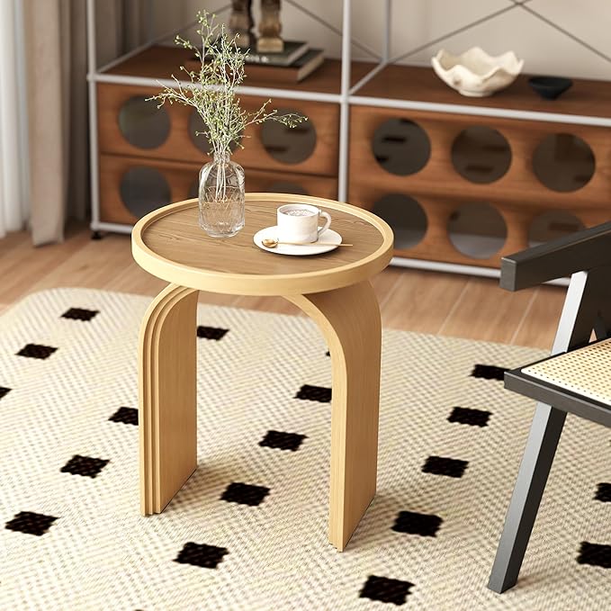17.7”Wide Modern Side Table, Natural Wooden End Table, Round Accent Table for Small Spaces, Bedside, Couch Side, Narrow Nightstand for Living Room