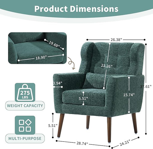 Modern Accent Chair, Upholstered Arm Chair with Waist Pillow, Single Sofa Chair for Living Room Bedroom Small Spaces (Green)