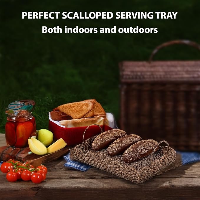 14" Handmade Wicker Tray with Scalloped Edge, Seagrass Basket with Handles, Decorative Boho Accent for Coffee Table or Ottoman, Holiday Serving