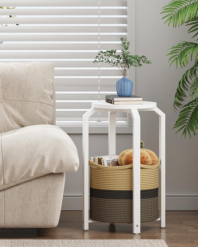 TUTOTAK Small Side Table, Round End Table, Night Stand, Bedside Table, Sofa Table with Storage Basket, Living Room, Bed Room, White and Black-Brown TB01BWK092