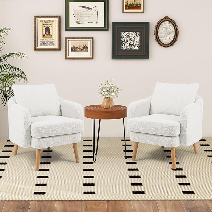 Giantex Sherpa Accent Chair, Modern Upholstered Single Sofa Chair with Back Pillow & Solid Rubber Wood Legs, Teddy Barrel Arm Chair for Reading, Living Room, Bedroom, Office, White