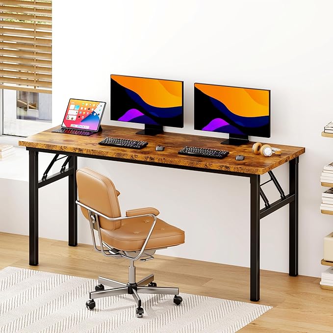 Need Home Office Desk - 62 Inches Large Computer Desk Sturdy Black Table Foldable Desk Gaming Computer Table No Assembly Required Rustic Brown AC5FB(157.5 * 60)