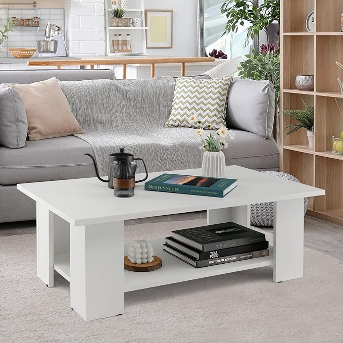 Giantex Rectangle Wood Center Table, 41" L 2-Tier Large Modern Tea Table w/Open Compartment, Easy Assembly, Accent Coffee Table for Living Room, Reception Room, White