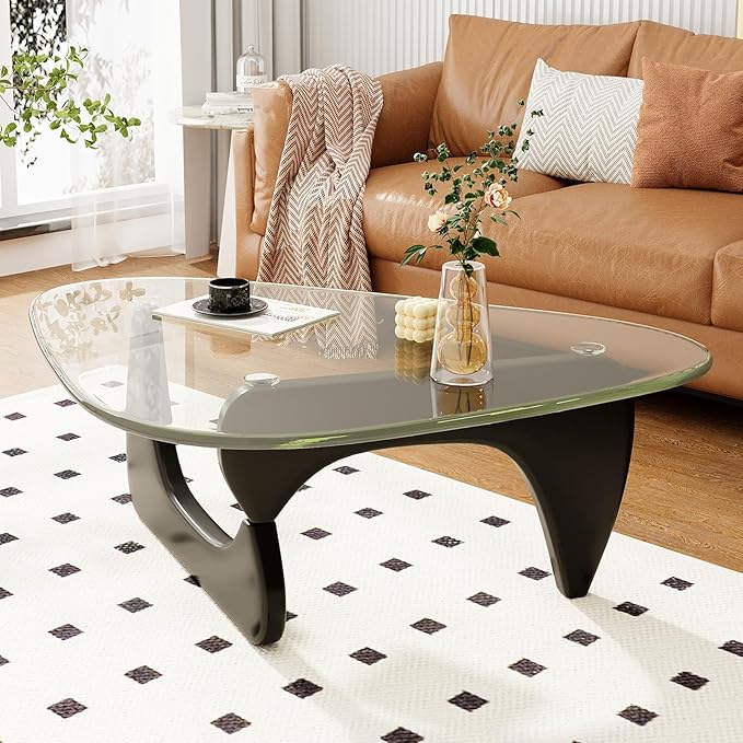 Coffee Table for Living Room Mid Century Modern Center Table with Glass Top, Black Transparent