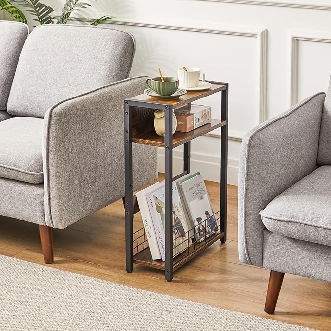 IBUYKE Narrow Side Table with Storage Shelf, 3 Tier End Table,Modern Sofa Table,Small Nightstand with Magazine Rack,Telephone Table for Small Spaces,for Living Room, Bedroom,Brown UTMZ001H