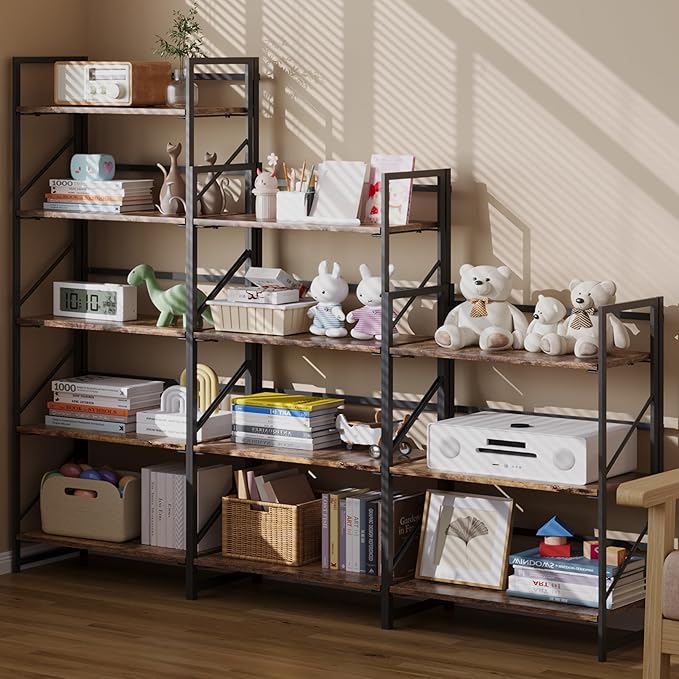 JSB No Assembly Folding Bookshelf, 5 Tier Industrial Metal Book Shelf for Storage, Vintage Wood Foldable Bookcase for Living Room, Bedroom, Office Organization Shelves